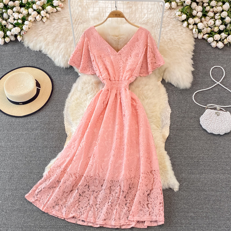 Cute V Neck Lace A Line Dress Fashion Dress HZ1023