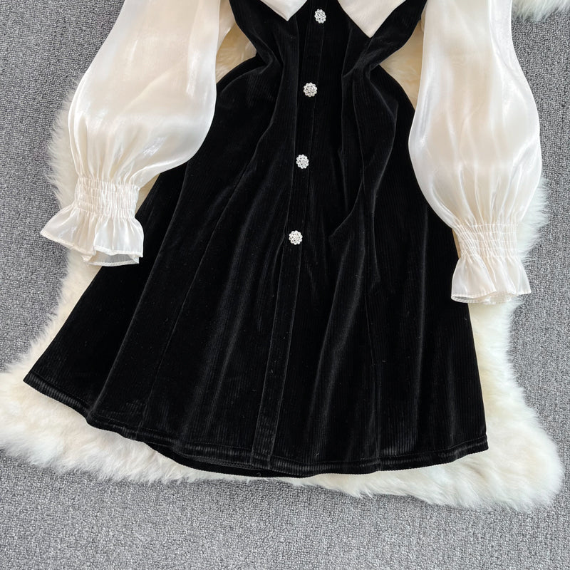 Cute V-Neck Bow Long Sleeve Dress Black Fashion Dress HZ1023
