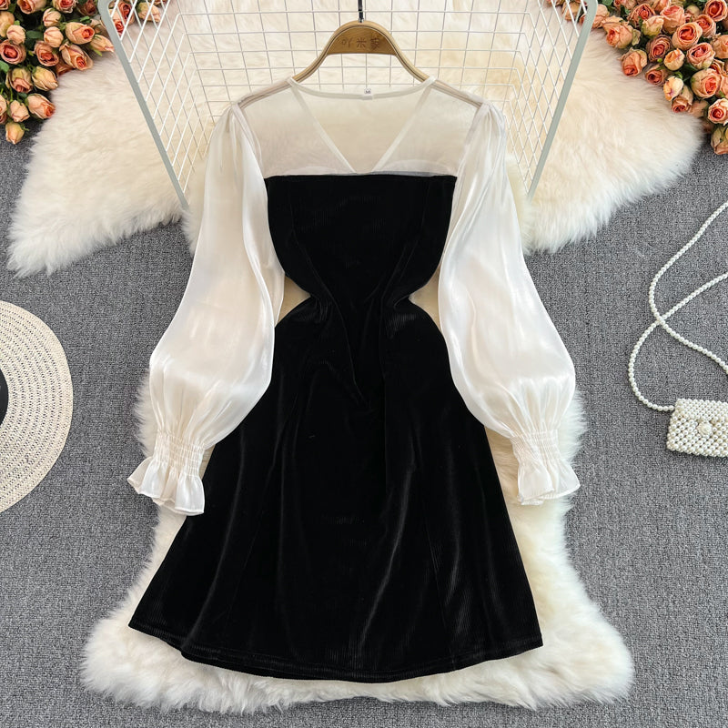 Cute V-Neck Bow Long Sleeve Dress Black Fashion Dress HZ1023