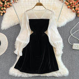 Cute V-Neck Bow Long Sleeve Dress Black Fashion Dress HZ1023