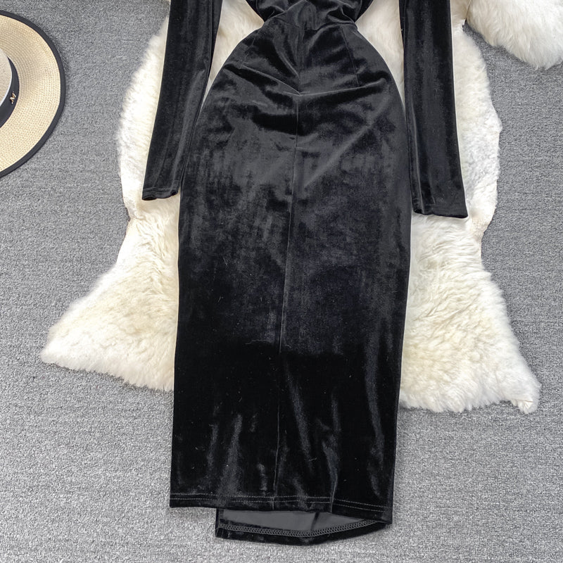 Black Velvet Long Sleeve Dress Fashion Dress HZ1023