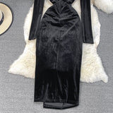 Black Velvet Long Sleeve Dress Fashion Dress HZ1023