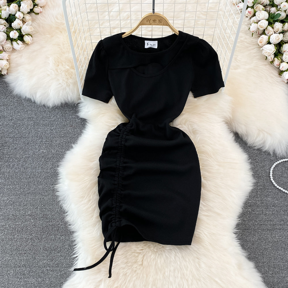 Spice Girl round neck chest hollowed out elastic tight drawstring short Hip Wrap Dress HZ1023