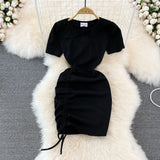 Spice Girl round neck chest hollowed out elastic tight drawstring short Hip Wrap Dress HZ1023