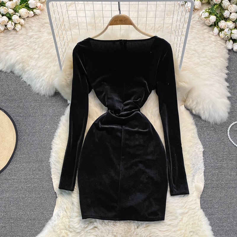 Black Velvet Long Sleeve Dress Sexy Dress HZ1023