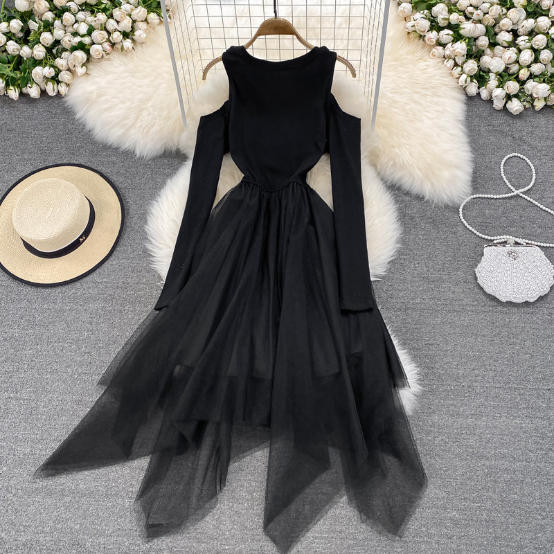 Black Irregular Long Sleeve Off Shoulder Dress Fashion Dress HZ1023