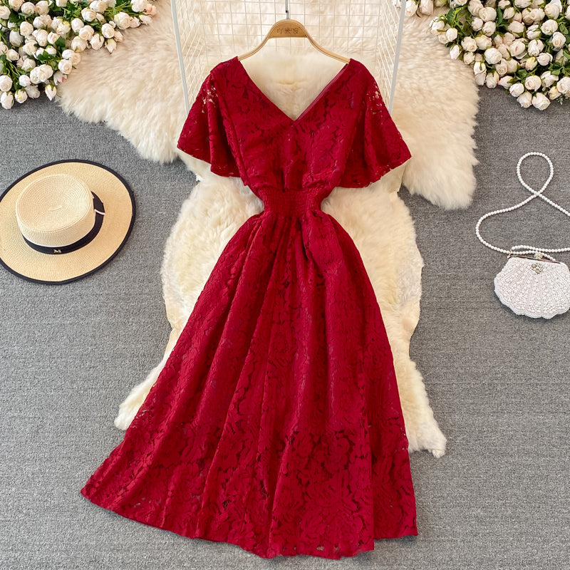 Cute V Neck Lace A Line Dress Fashion Dress HZ1023