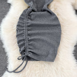 Spice Girl round neck chest hollowed out elastic tight drawstring short Hip Wrap Dress HZ1023