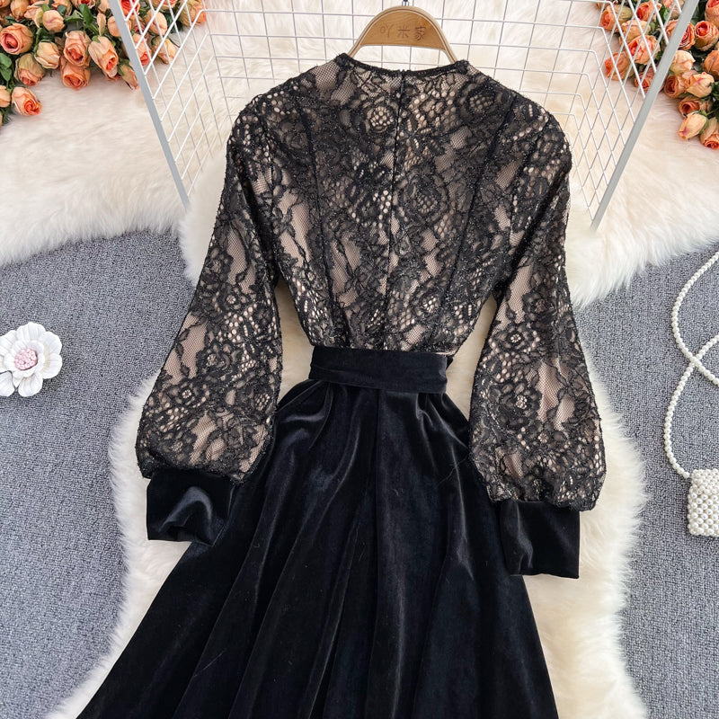 Black V Neck Lace A Line Dress Fashion Dress HZ1023
