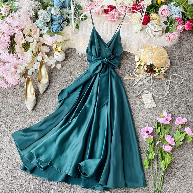 Elegant V Neck Satin A Line Dress Fashion Dress HZ1023