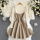 Fashionable Knitted Base Sweater + A Line PU Leather Dress Fashion Dress HZ1023