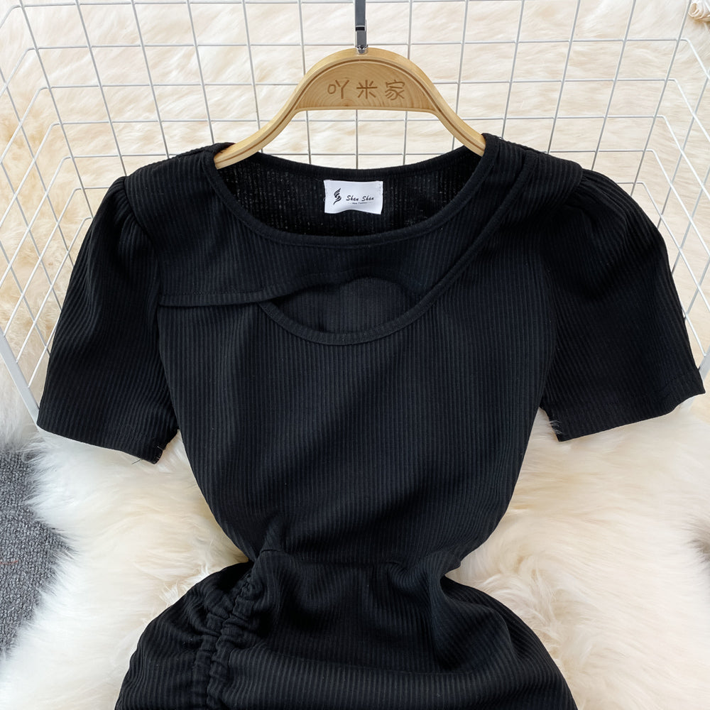 Spice Girl round neck chest hollowed out elastic tight drawstring short Hip Wrap Dress HZ1023