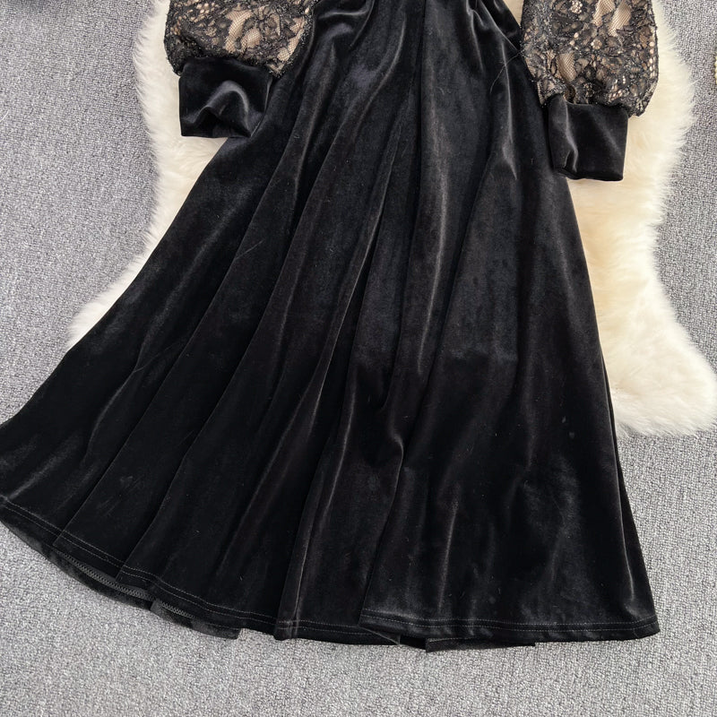 Black V Neck Lace A Line Dress Fashion Dress HZ1023