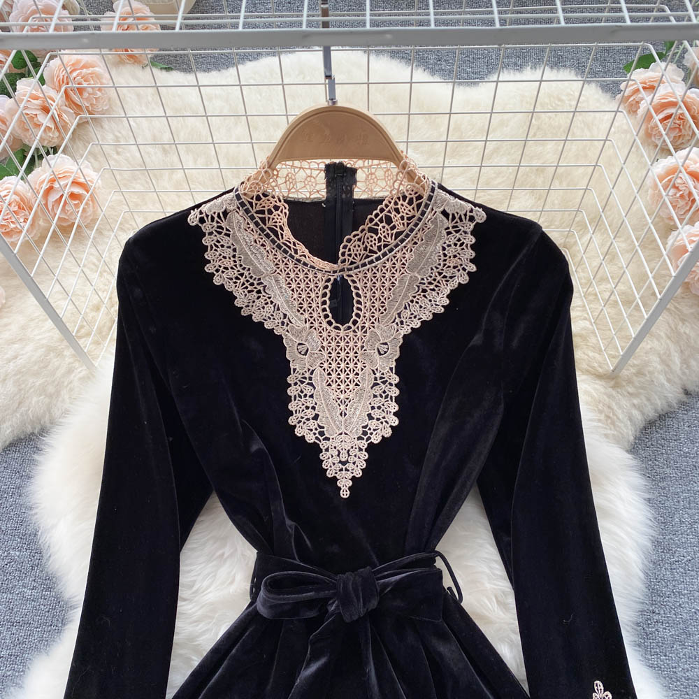 Black Velvet Lace Long Sleeve Dress Fashion Dress HZ1023
