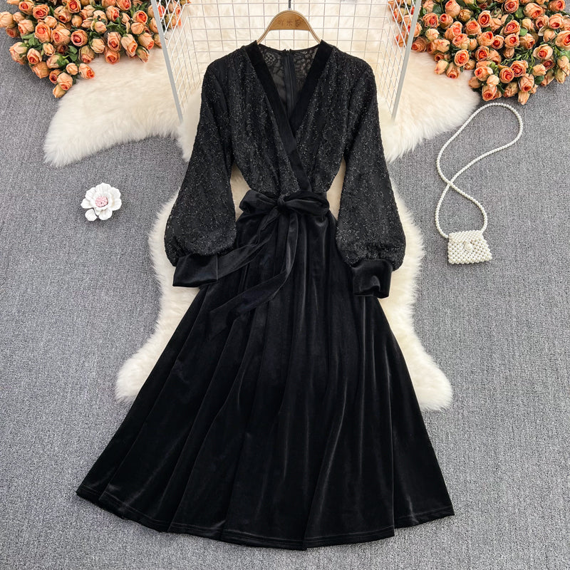 Black V Neck Lace A Line Dress Fashion Dress HZ1023
