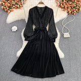 Black V Neck Lace A Line Dress Fashion Dress HZ1023