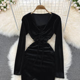 Sexy V Neck Velvet Long Sleeve Dress Fashion Dress HZ1023