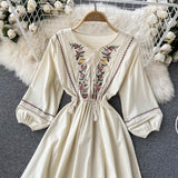 Simple A Line Embroidery Long Sleeve Dress HZ1023