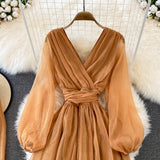Cute V Neck Soft Chiffon Dress Fashion Girl Dress And Scarf HZ1023
