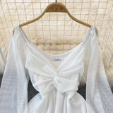 White V Neck Short Dress A Line Long Sleeve Dress HZ1023