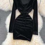 Sexy V Neck Velvet Long Sleeve Dress Fashion Dress HZ1023