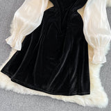 Cute V-Neck Bow Long Sleeve Dress Black Fashion Dress HZ1023