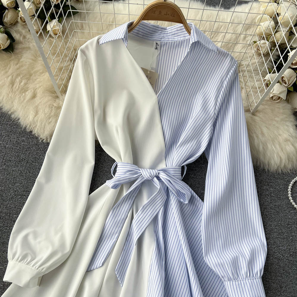 Fashionable Striped Long-Sleeved Irregular Dress HZ1023