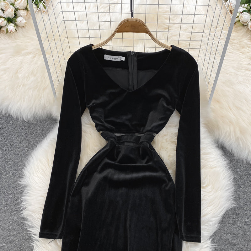 Black V Neck Long Sleeve Dress Fashion Dress HZ1023