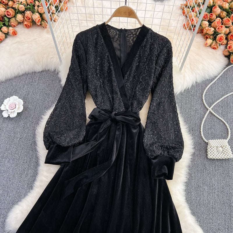 Black V Neck Lace A Line Dress Fashion Dress HZ1023