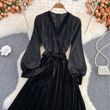 Black V Neck Lace A Line Dress Fashion Dress HZ1023