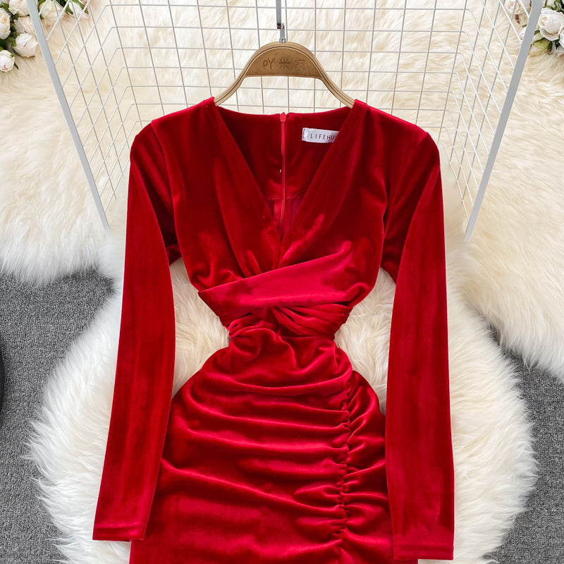 Simple V Neck Velvet Long Sleeve Dress Fashion Dress HZ1023