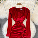 Simple V Neck Velvet Long Sleeve Dress Fashion Dress HZ1023