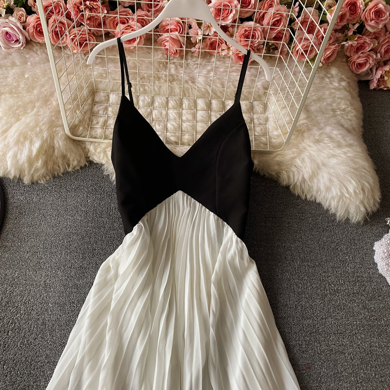 Cute V Neck A Line Dress Black And White Fashion Dress HZ1023