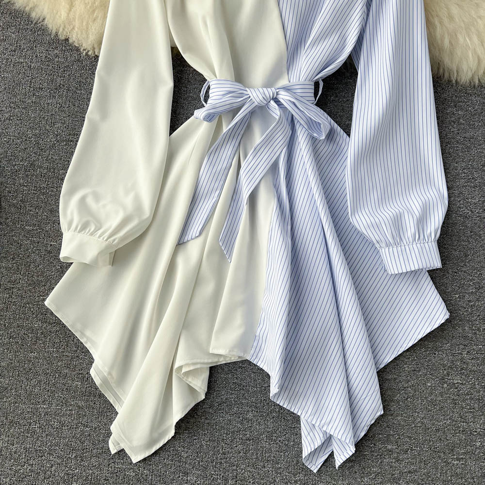 Fashionable Striped Long-Sleeved Irregular Dress HZ1023