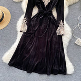 Black Velvet Lace Long Sleeve Dress Fashion Dress HZ1023