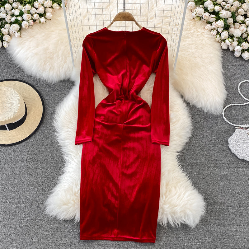 Simple V Neck Velvet Long Sleeve Dress Fashion Dress HZ1023