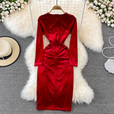 Simple V Neck Velvet Long Sleeve Dress Fashion Dress HZ1023