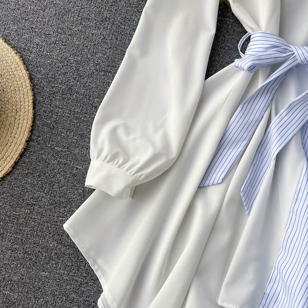 Fashionable Striped Long-Sleeved Irregular Dress HZ1023