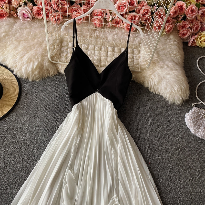 Cute V Neck A Line Dress Black And White Fashion Dress HZ1023