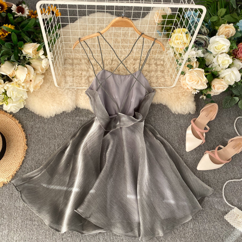 Gray Tulle Short Dress A Line Backless Dress HZ1023