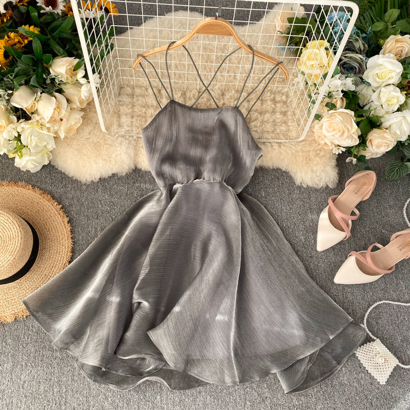 Gray Tulle Short Dress A Line Backless Dress HZ1023