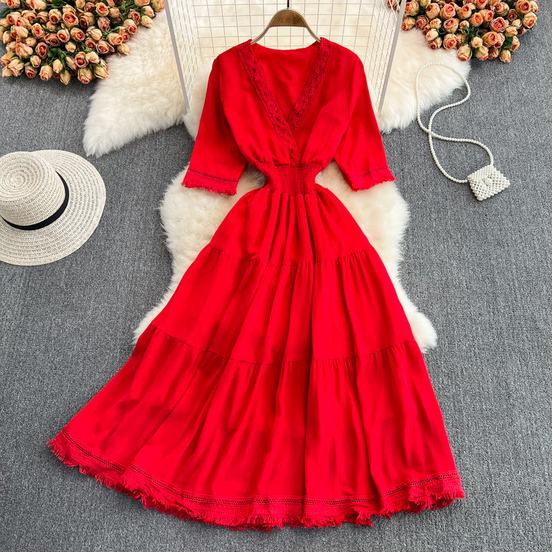 Cute V-Neck Fringed Dress A Line Fashion Dress HZ1023