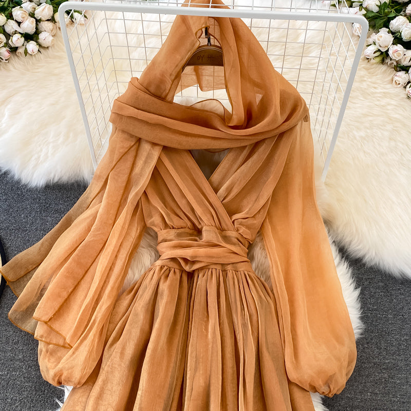 Cute V Neck Soft Chiffon Dress Fashion Girl Dress And Scarf HZ1023
