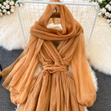 Cute V Neck Soft Chiffon Dress Fashion Girl Dress And Scarf HZ1023