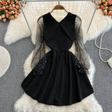 Black V Neck Short Dress A Line Fashion Dress HZ1023