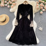 Black Velvet Lace Long Sleeve Dress Fashion Dress HZ1023