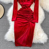 Simple V Neck Velvet Long Sleeve Dress Fashion Dress HZ1023