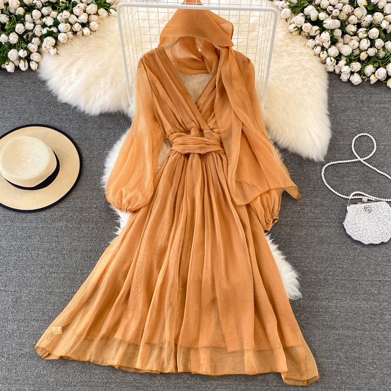 Cute V Neck Soft Chiffon Dress Fashion Girl Dress And Scarf HZ1023