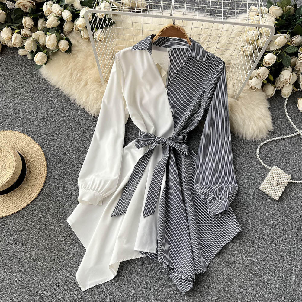 Fashionable Striped Long-Sleeved Irregular Dress HZ1023