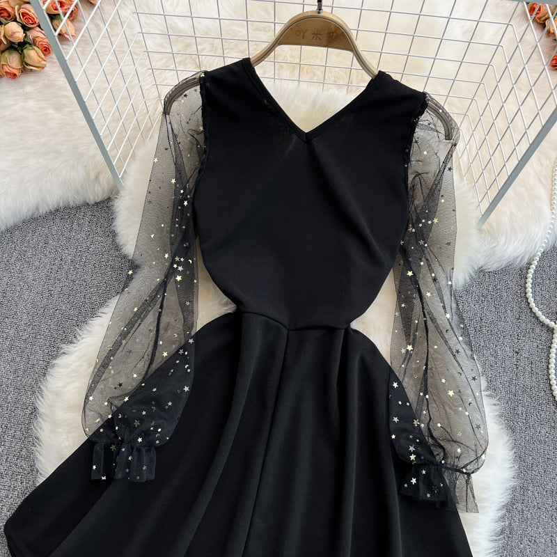 Black V Neck Short Dress A Line Fashion Dress HZ1023